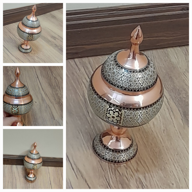 شکلات خوری یا قندان پایه دار ۲۲سانت مس و خاتم