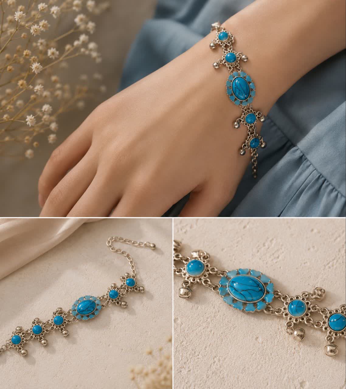 دستبند با طرح فیروزه شکل به رنگ نقره ای و جنس استیل رنگ ثابت
