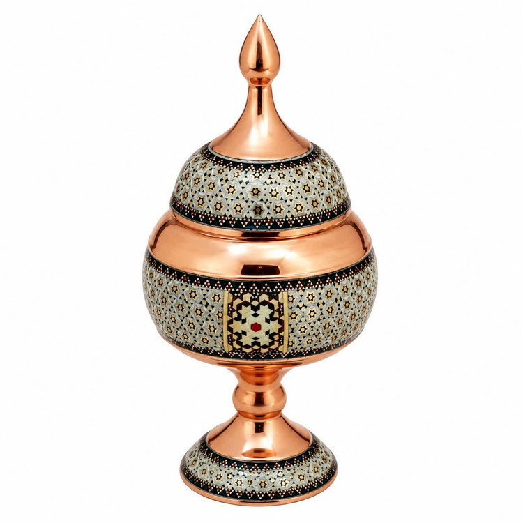 شکلات خوری یا قندان پایه دار ۲۲سانت مس و خاتم