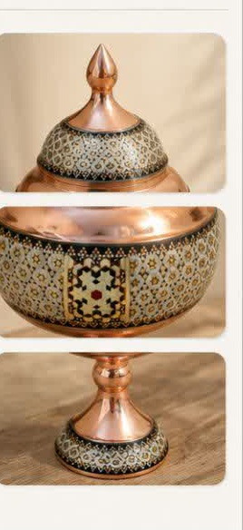 شکلات خوری یا قندان پایه دار ۲۲سانت مس و خاتم